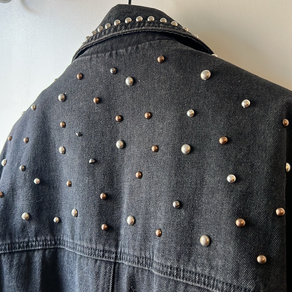 Nasty Gal Studded Black Denim oversize biker Jacket size L - Picture 7 of 9